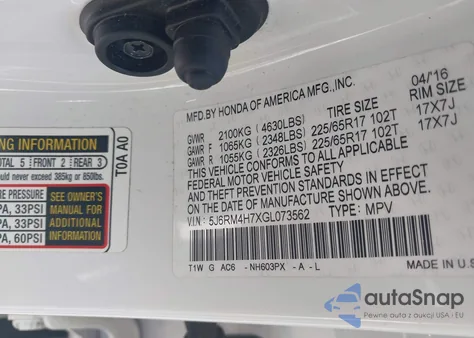 2016 Honda Cr-V Ex-L from USA, damaged, VIN 5J6RM4H7XGL073562